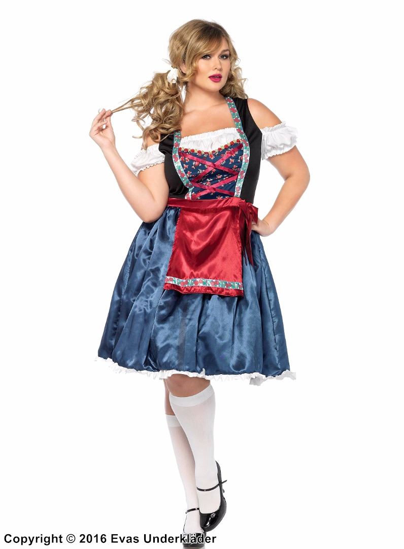 Oktoberfest-vertinne, kostyme-dirndlkjole, snøring, forkle, off-shoulder, XL til 4XL